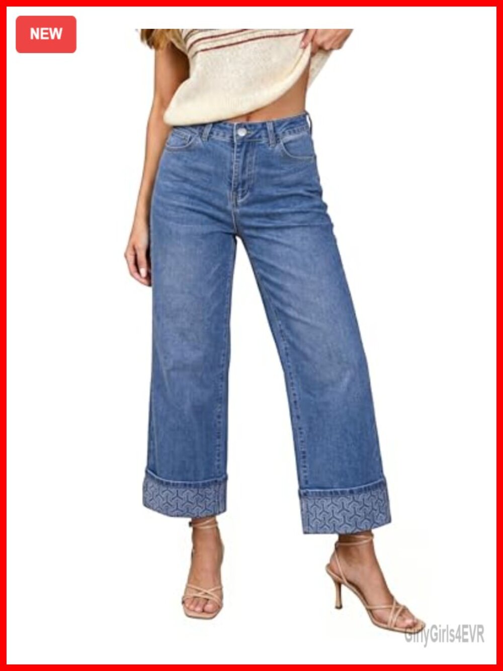 Wide Leg Cropped High Waisted Stretch Denim Jeans Fold Hem